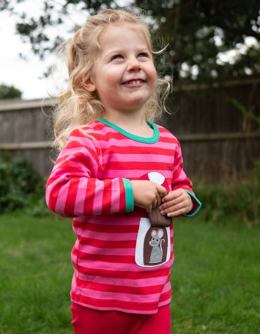 Organic Mouse and Mushroom Applique Long - Sleeved T-Shirt - Toby Tiger UK Retail