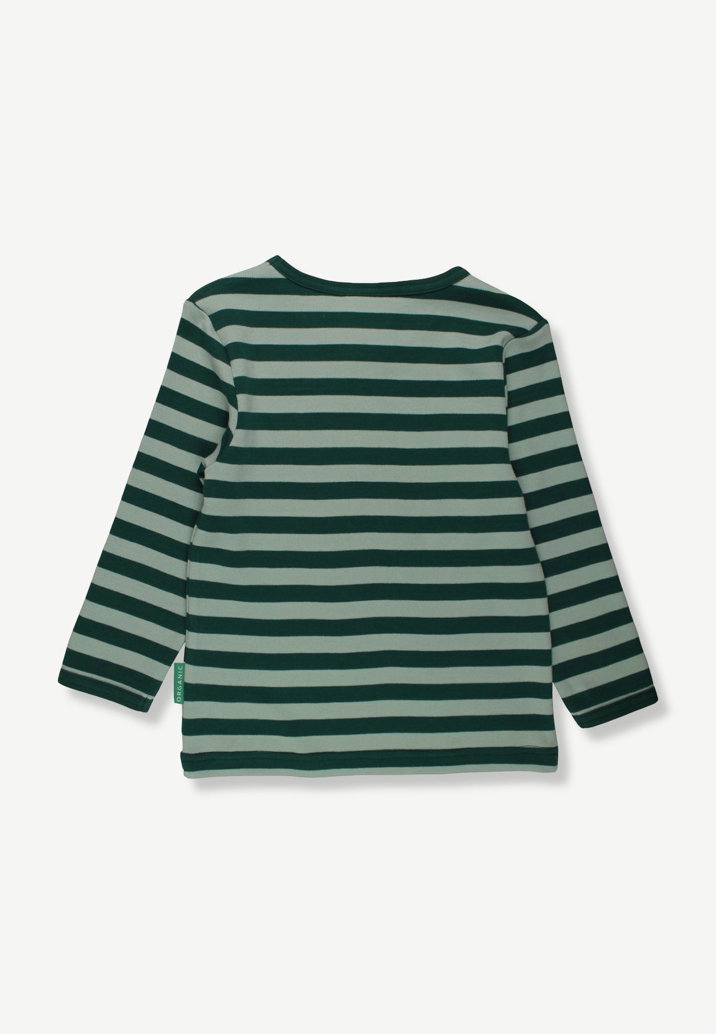 A long-sleeve striped top with horizontal dark green and light sage green stripes, shown from the back on a light gray background.