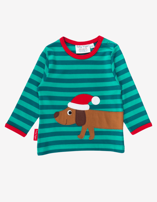 Organic Christmas Dog Applique Long-Sleeved T-Shirt
