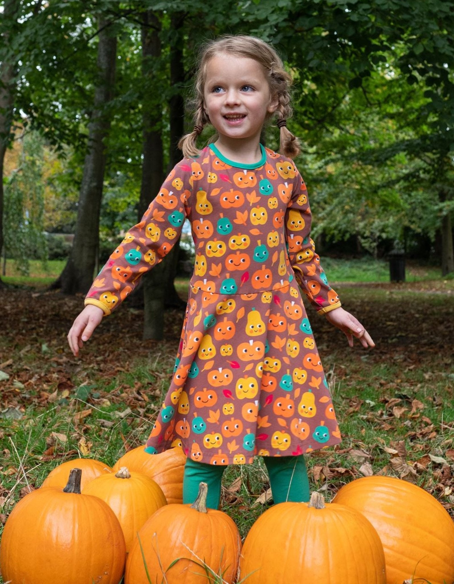 Organic Pumpkin Print Long-Sleeved Skater Dress - Toby Tiger Organic Pumpkin Print Long-Sleeved Skater Dress - Toby Tiger