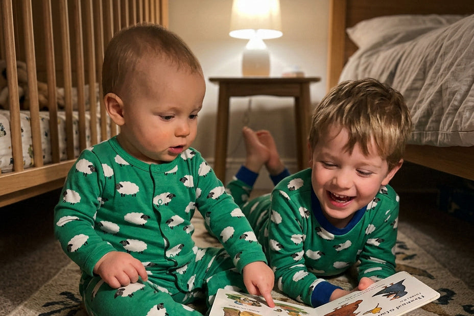 Two toddlers sitting on a patterned rug in a child's bedroom, wearing matching green long-sleeve pajamas with a white sheep print and reading a children's animal picture book.