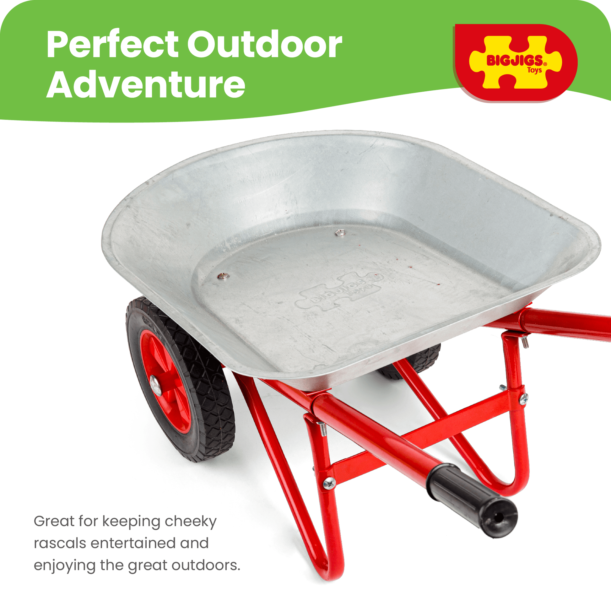 Childrens Wheelbarrow - Robust Silver & Red Wheel Barrow with Easy Grip Handles - Toby Tiger