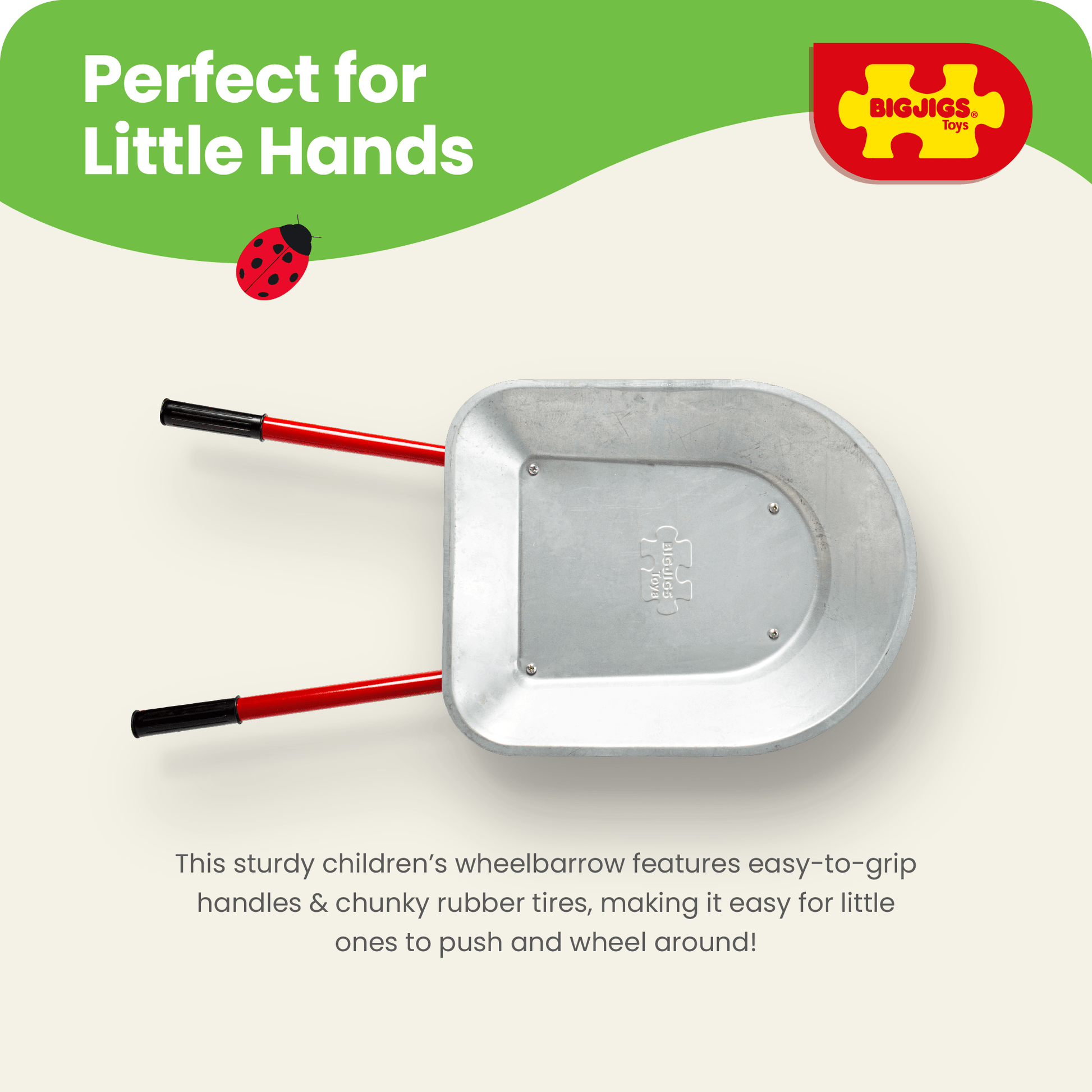 Childrens Wheelbarrow - Robust Silver & Red Wheel Barrow with Easy Grip Handles - Toby Tiger