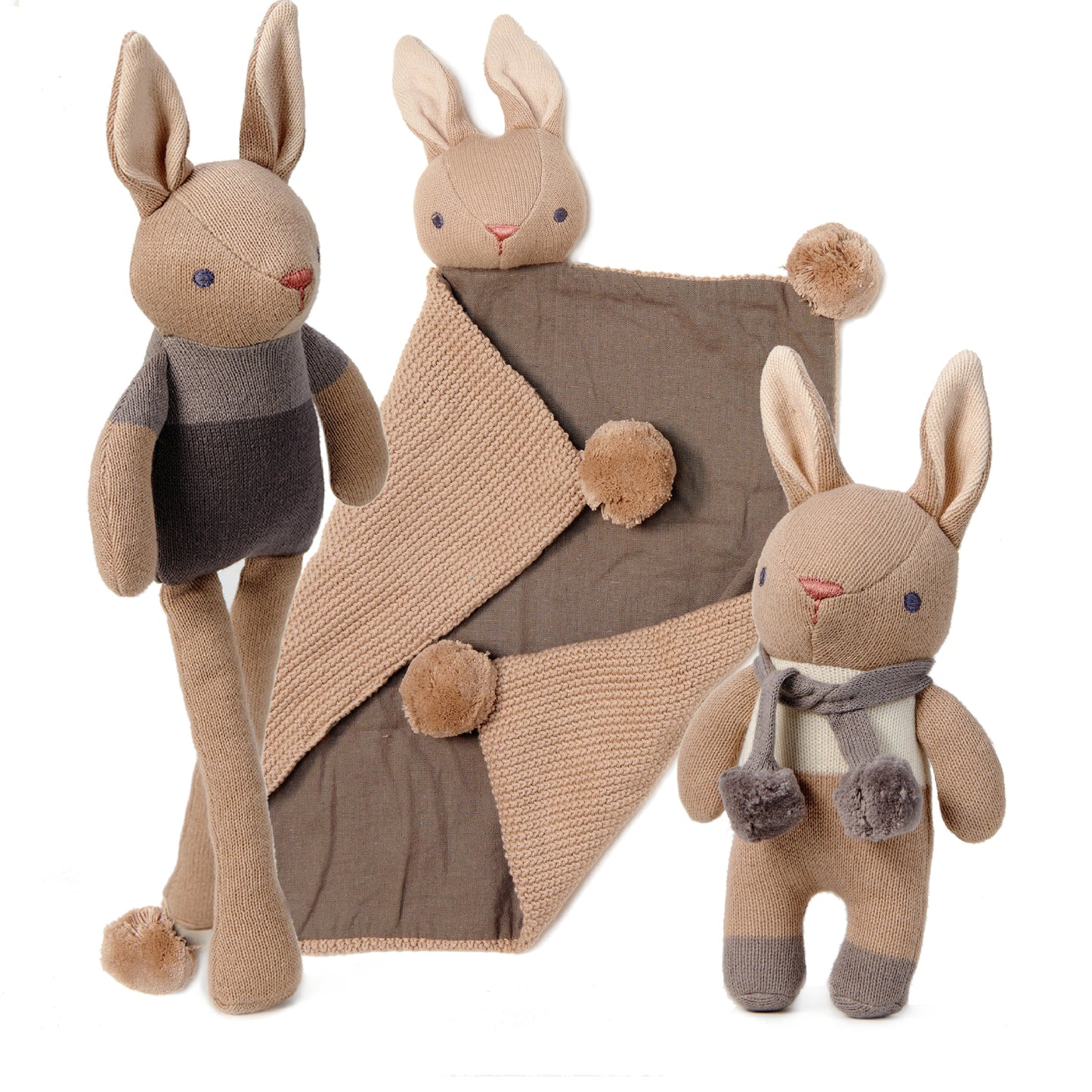 Doudou, hochet et poupée en coton bio coloris taupe + coffret cadeau