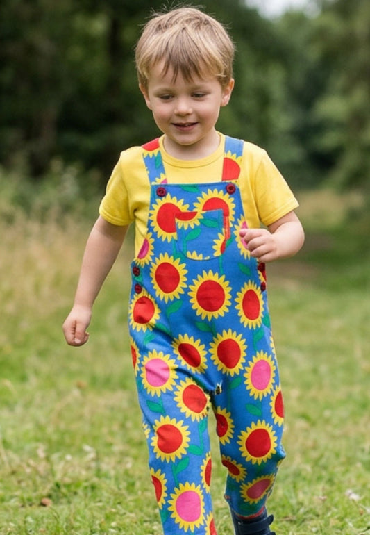 Organic Sunflower Bee Print Dungarees - Toby Tiger UK