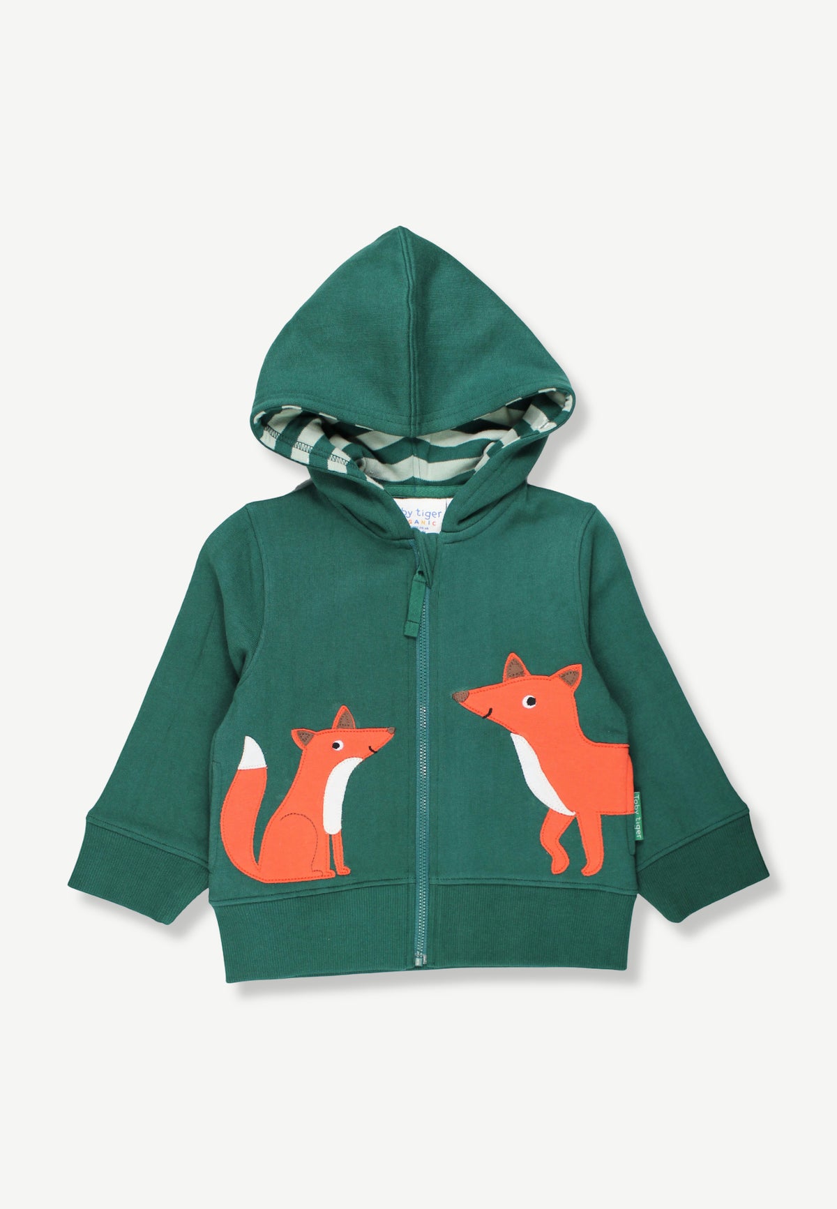 A dark green children's zip-up hoodie featuring two orange cartoon foxes printed on the front, with a striped pattern lining the hood, shown against a light gray background.