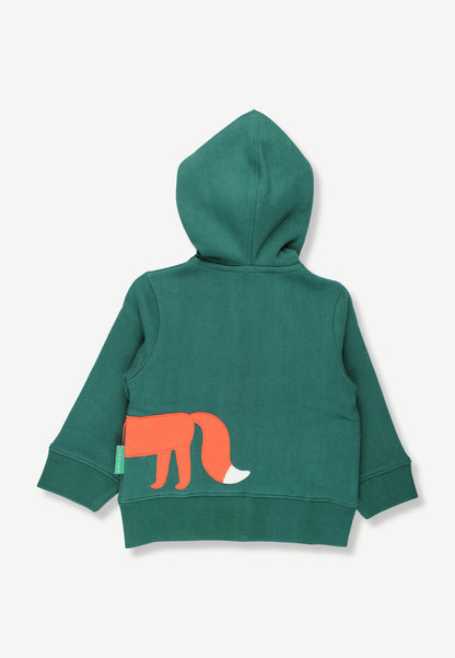A dark green children's zip-up hoodie shown from the back, featuring a stylized orange fox graphic with a white-tipped tail on the lower back, set against a plain light background.