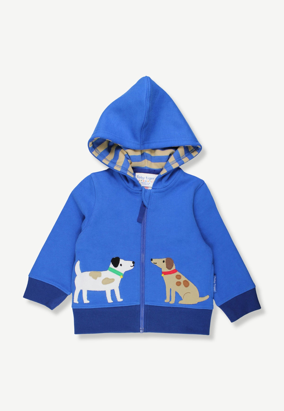 A blue zip-up hooded sweatshirt for a child, featuring cartoon dog illustrations on the front and a striped lining inside the hood, shown against a light off-white background.