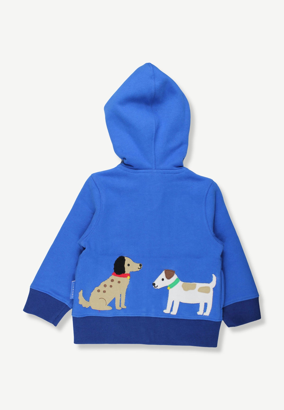 A bright blue children's zip-up hoodie shown from the back, featuring two cartoon dog illustrations on the lower back and contrasting navy blue ribbed cuffs and hem.