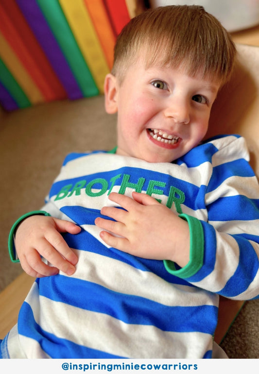 Organic Blue Stripe Brother Applique Long - Sleeved T-Shirt - Toby Tiger