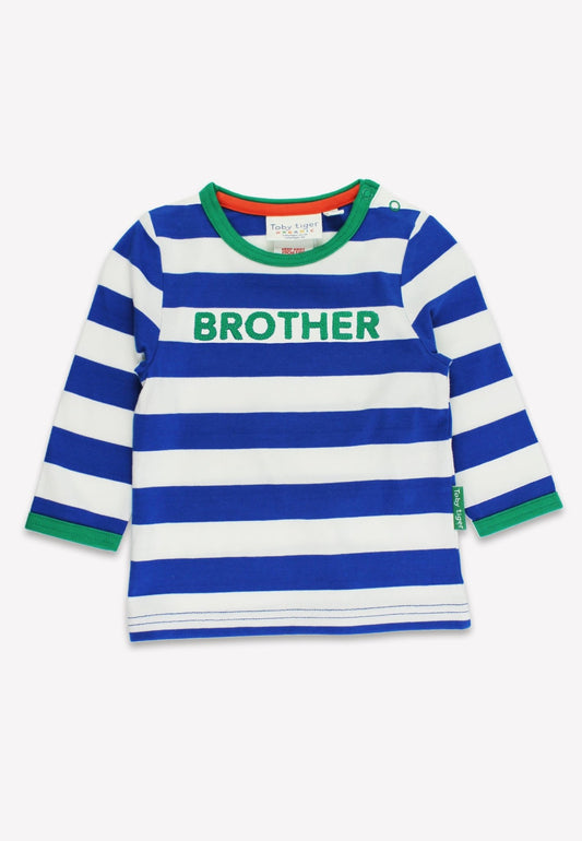 Organic Blue Stripe Brother Applique Long - Sleeved T-Shirt - Toby Tiger