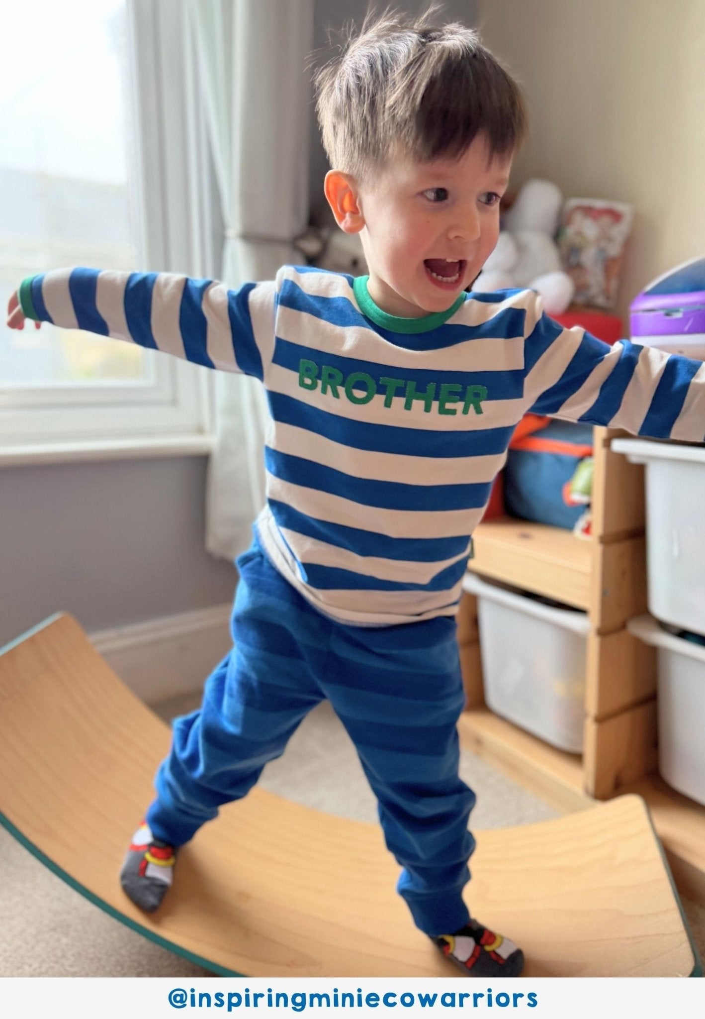 Organic Blue Stripe Brother Applique Long - Sleeved T-Shirt - Toby Tiger