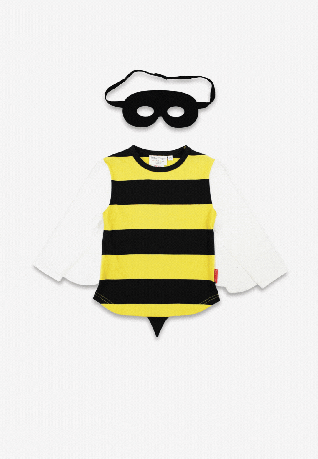 Black and yellow striped outfit with white wings on a white background