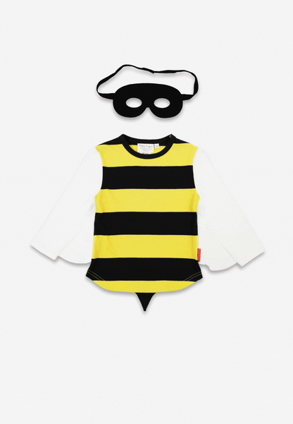 Black and yellow striped outfit with white wings on a white background