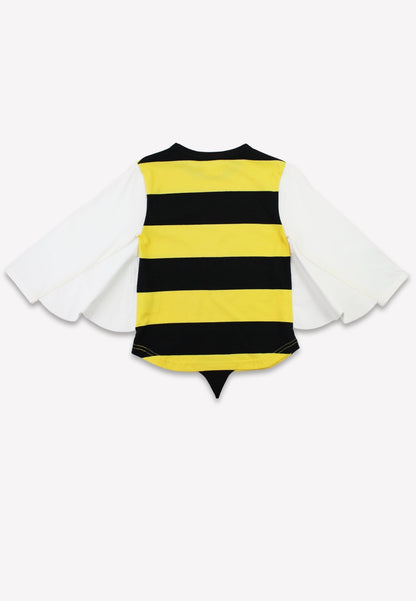 Black and yellow striped outfit with white wings on a white background