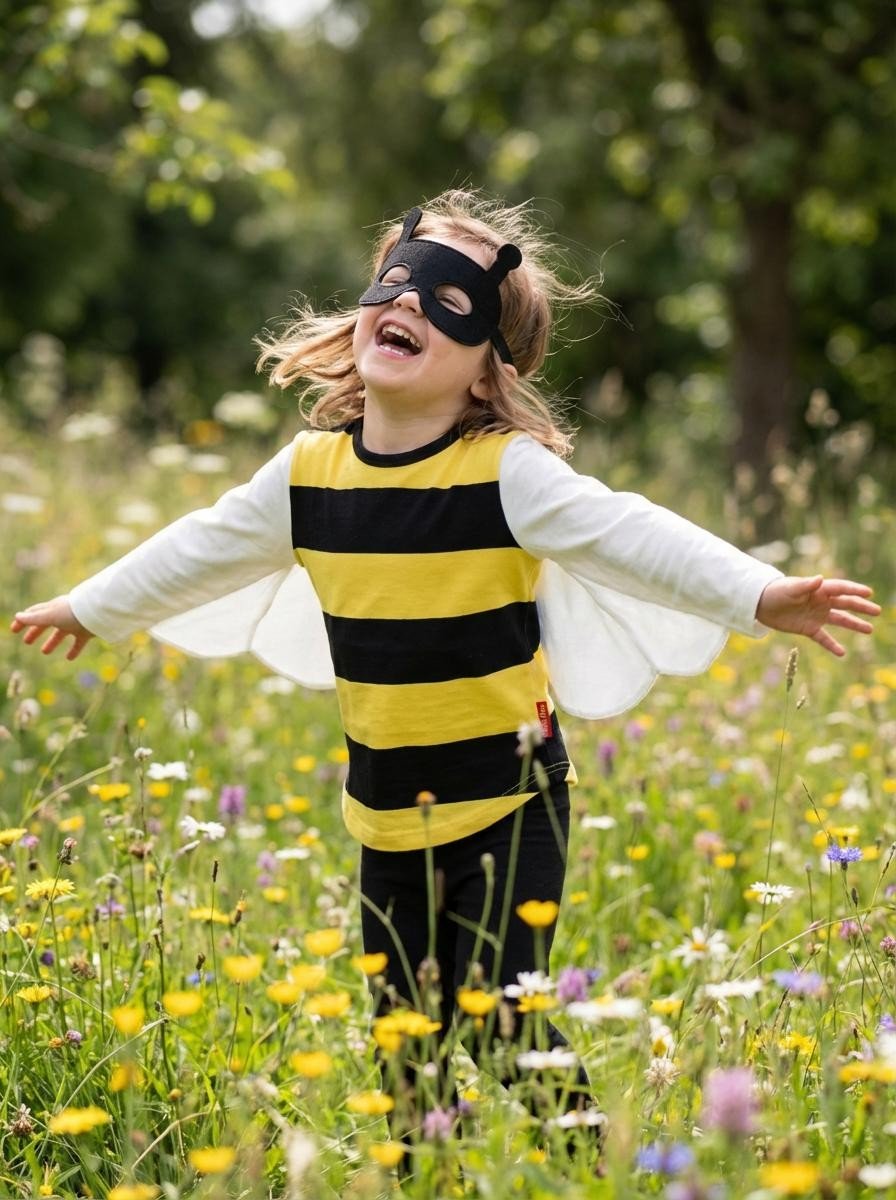 Child in a bee costume with wings and mask standing in a field of flowers.