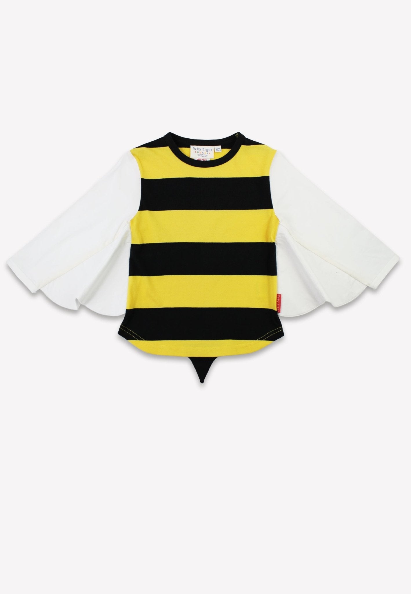 Children's costume with black and yellow striped shirt and white wings on a white background