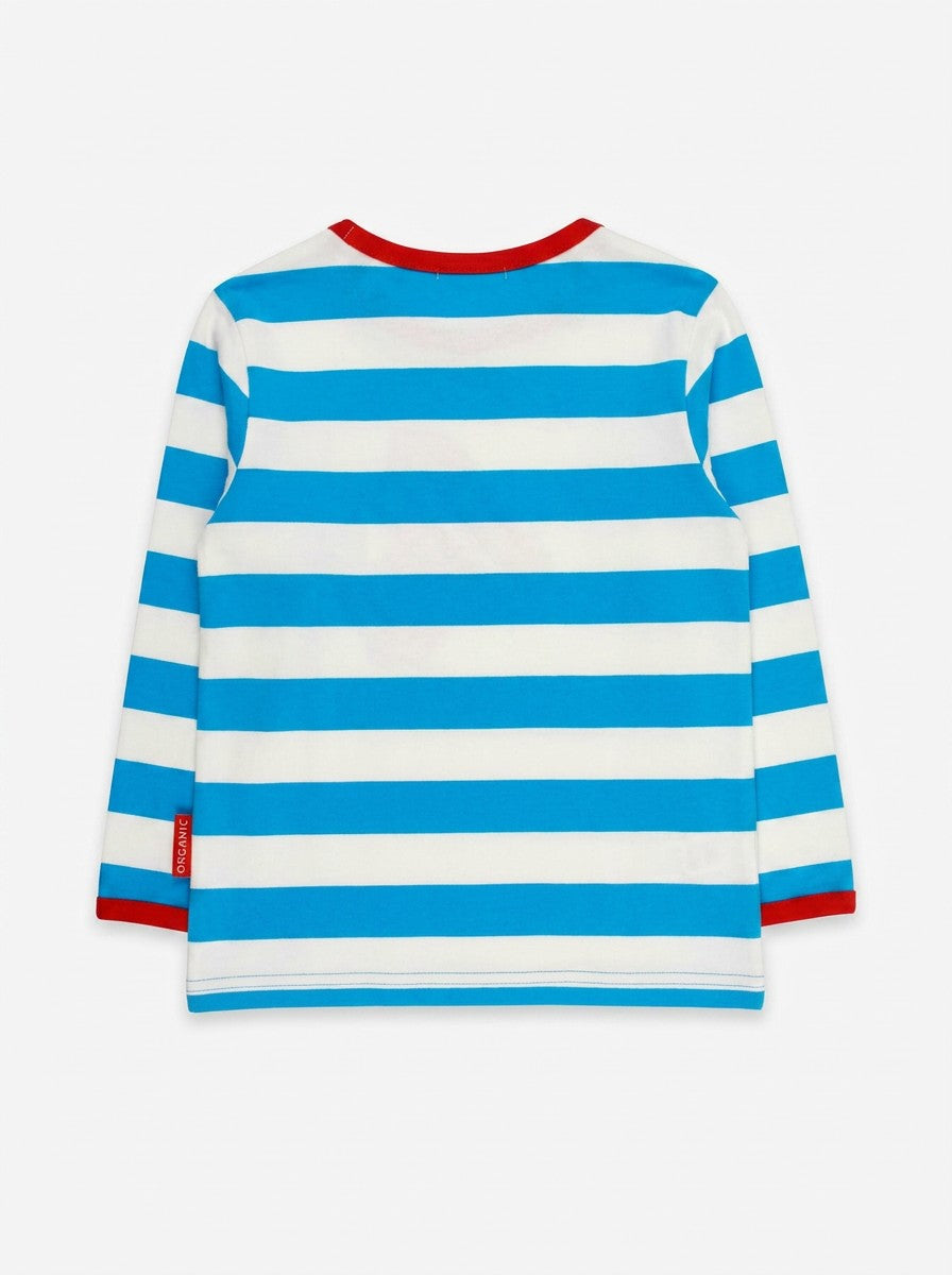 Organic Four Applique Blue Stripe Long-Sleeved T-Shirt - Toby Tiger UK