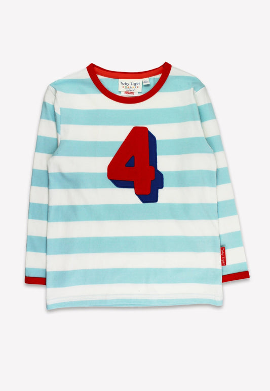 Organic Four Applique Blue Stripe Long - Sleeved T-Shirt - Toby Tiger