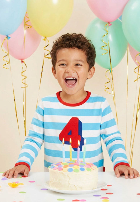Organic Four Applique Blue Stripe Long-Sleeved T-Shirt - Toby Tiger UK
