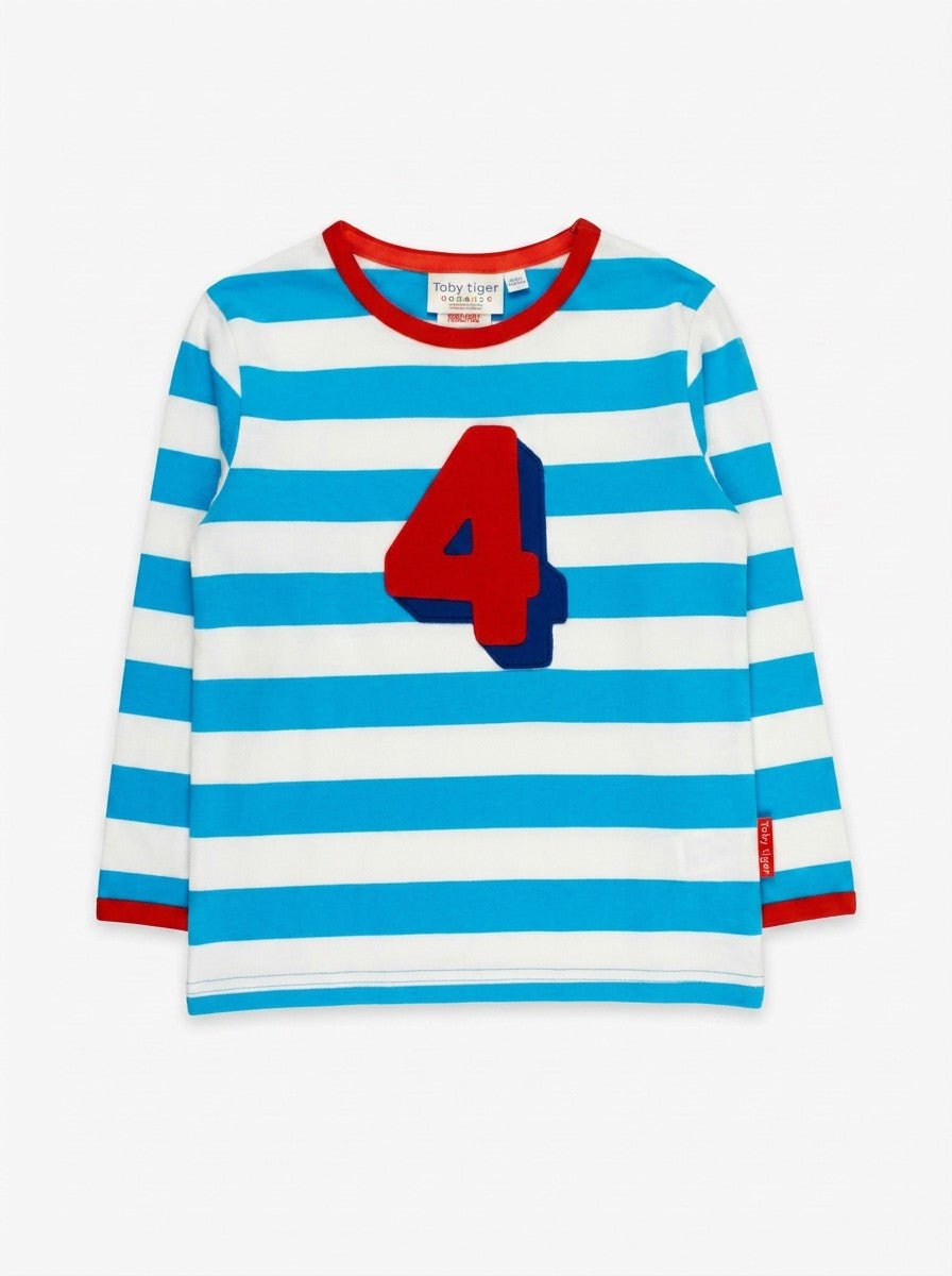 Organic Four Applique Blue Stripe Long-Sleeved T-Shirt - Toby Tiger UK