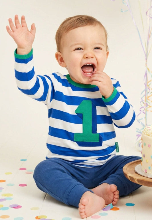 Organic One Applique Blue Stripe Long-Sleeved T-Shirt - Toby Tiger UK