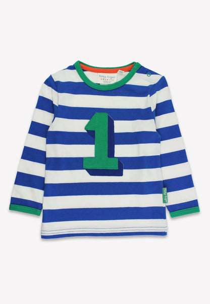 Organic One Applique Blue Stripe Long - SleevedT-Shirt - Toby Tiger