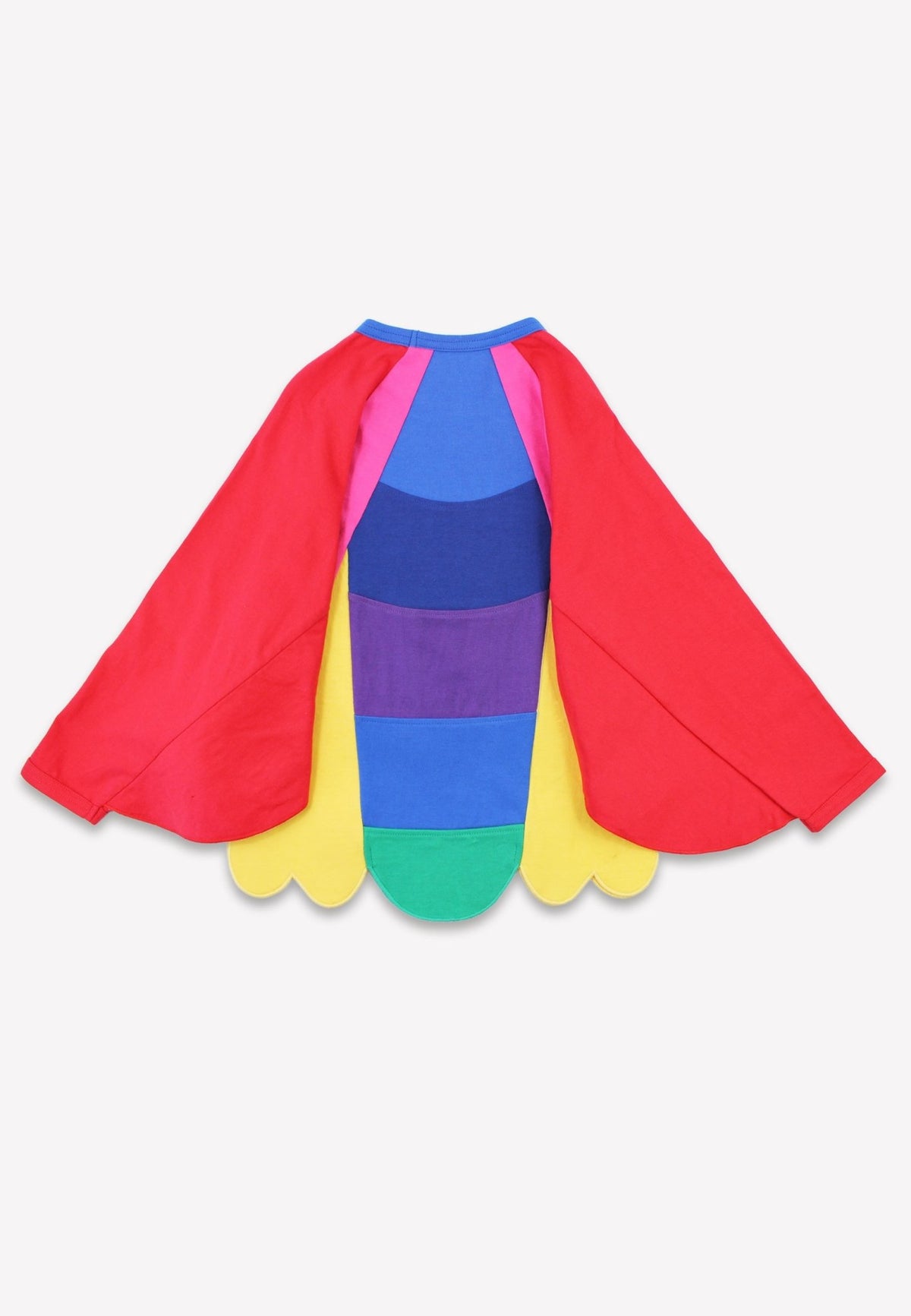 Colourful butterfly cape with a striped shirt underneath on a light grey background