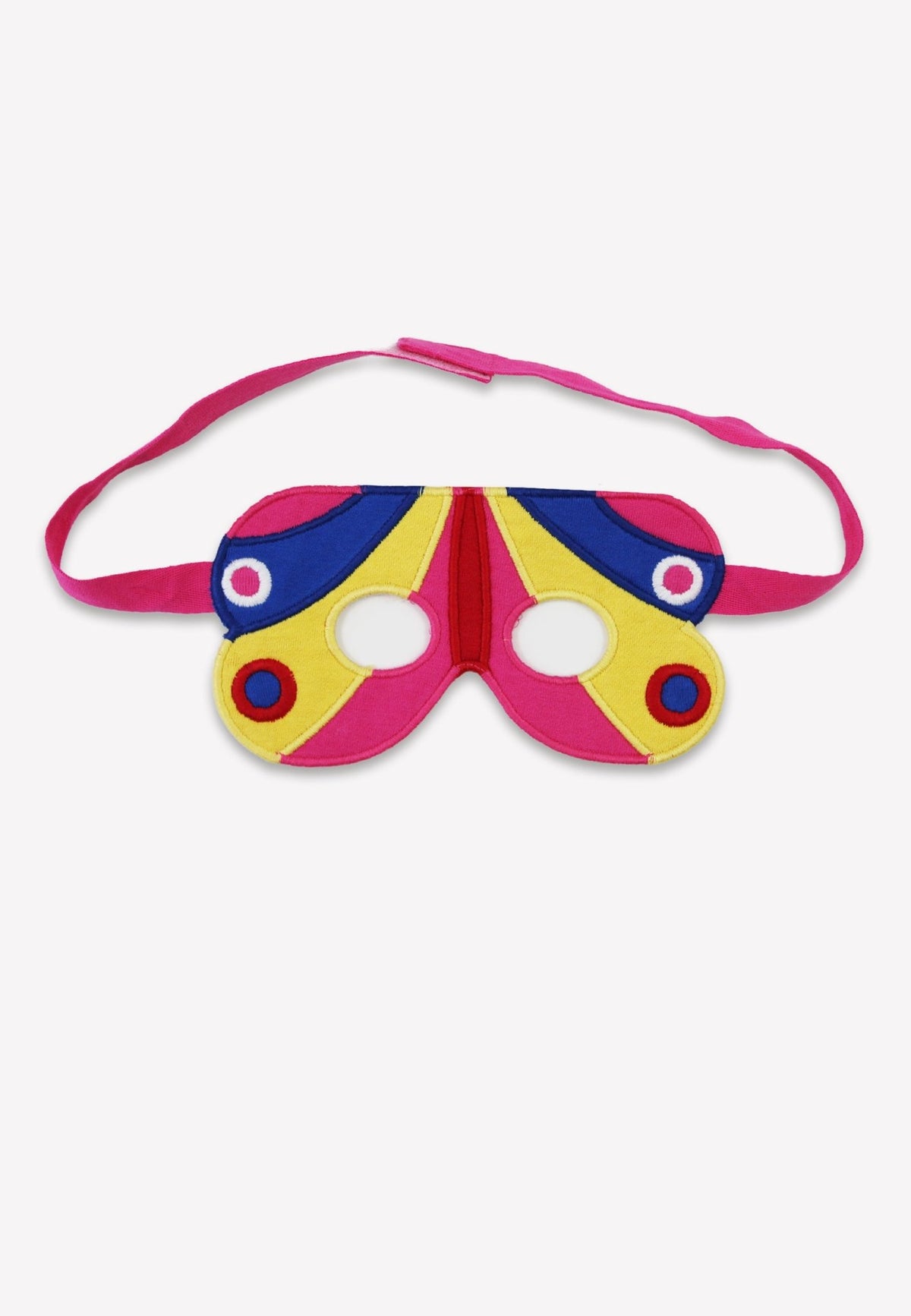 Colorful butterfly mask with pink headband on a white background