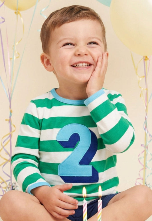 Organic Two Applique Green Stripe Long-Sleeved T-Shirt - Toby Tiger UK