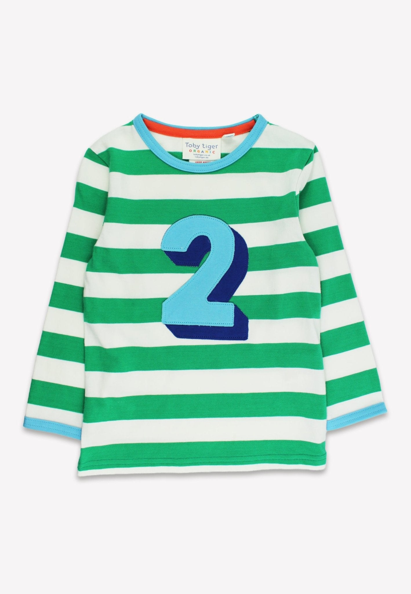 Organic Two Applique Green Stripe Long - Sleeved T-Shirt - Toby Tiger