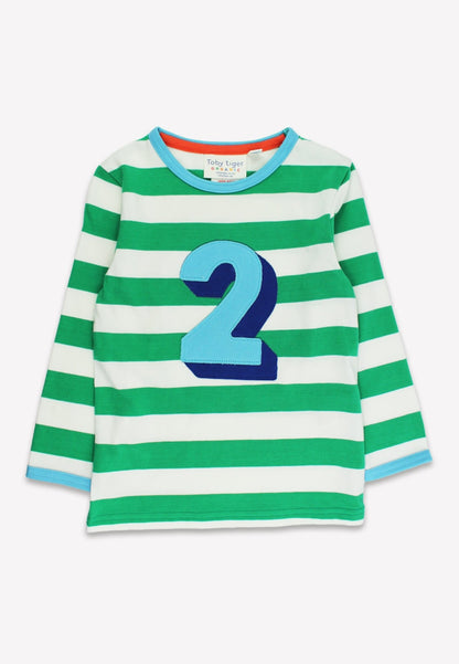 Organic Two Applique Green Stripe Long - Sleeved T-Shirt - Toby Tiger