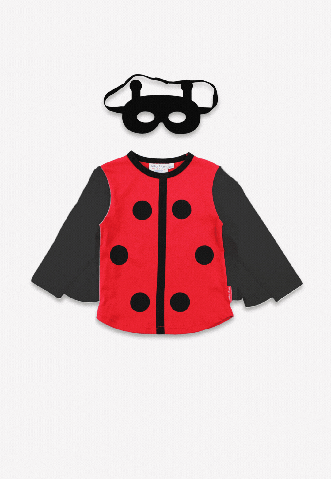 Red and black ladybug costume with cape and mask on a white background