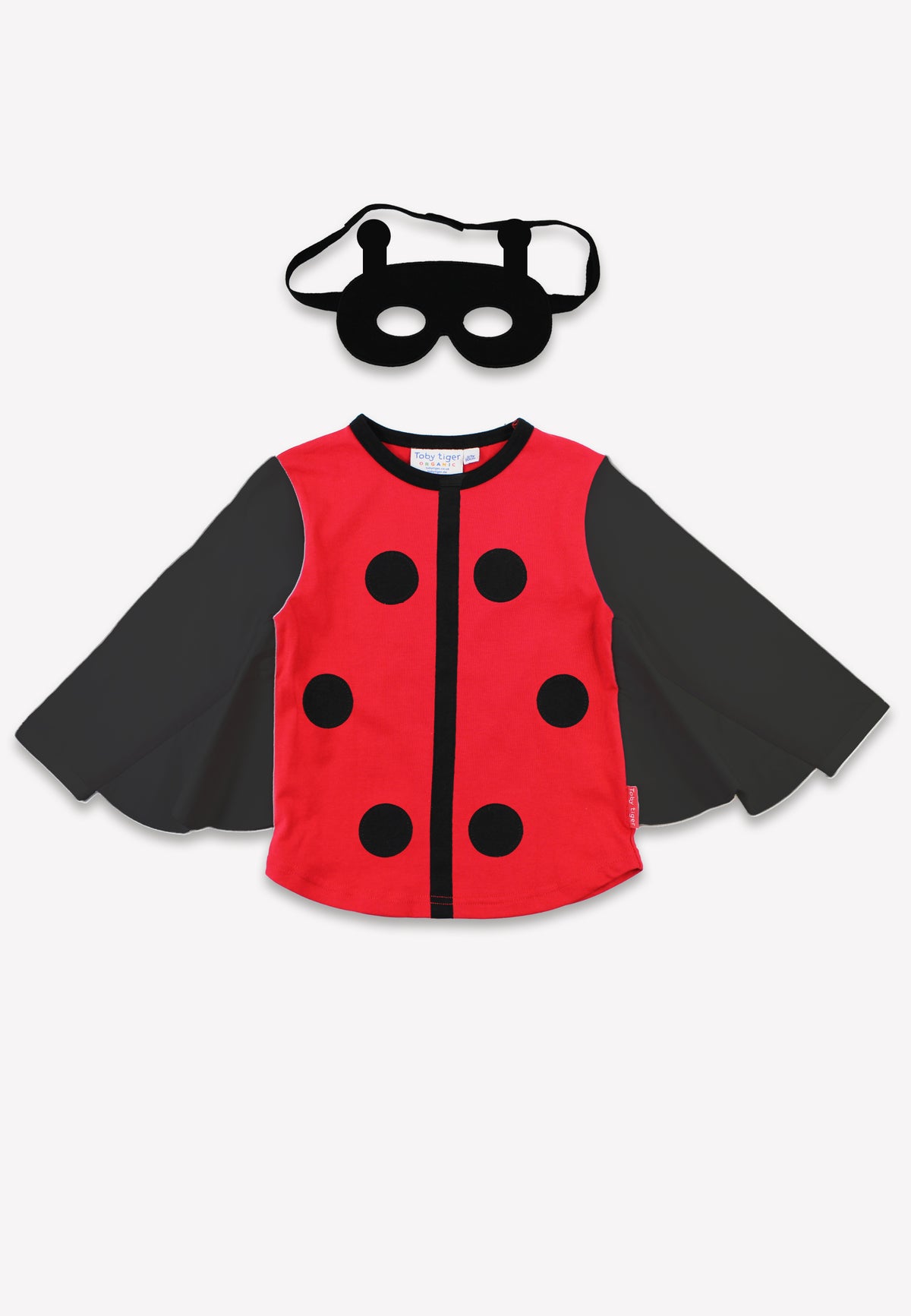 Red and black ladybug costume with cape and mask on a white background
