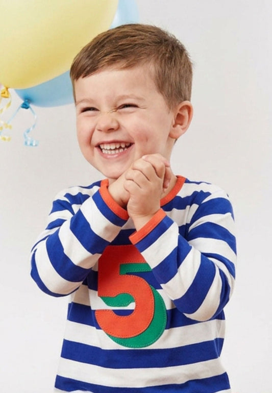 Organic Five Applique Blue Stripe Long-Sleeved T-Shirt - Toby Tiger UK