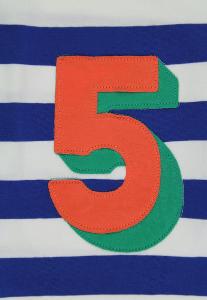 Organic Five Applique Blue Stripe Long - Sleeved T-Shirt - Toby Tiger