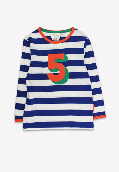 Organic Five Applique Blue Stripe Long - Sleeved T-Shirt - Toby Tiger