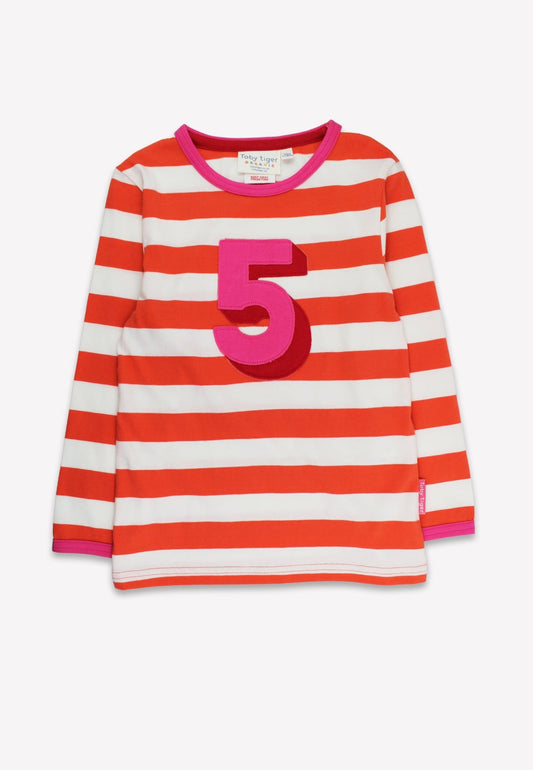 Organic Five Applique Orange Stripe Long - Sleeved T-Shirt - Toby Tiger