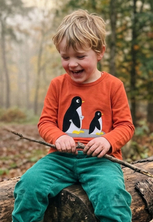 Organic Penguin Applique Long-Sleeved Orange T-Shirt - Toby Tiger UK