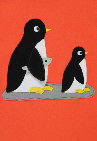 Organic Penguin Applique Long-Sleeved Orange T-Shirt - Toby Tiger UK