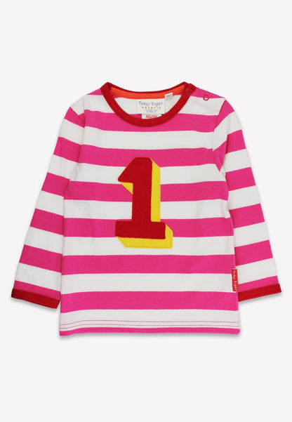 Organic One Applique Pink Stripe Long - Sleeved T-Shirt - Toby Tiger