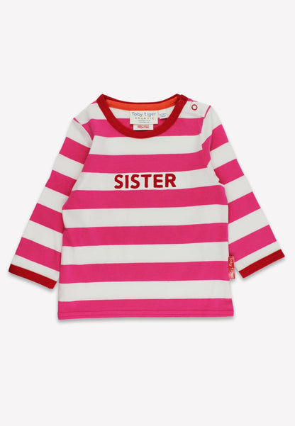 Organic Pink Stripe Sister Applique Long - Sleeved T-Shirt - Toby Tiger