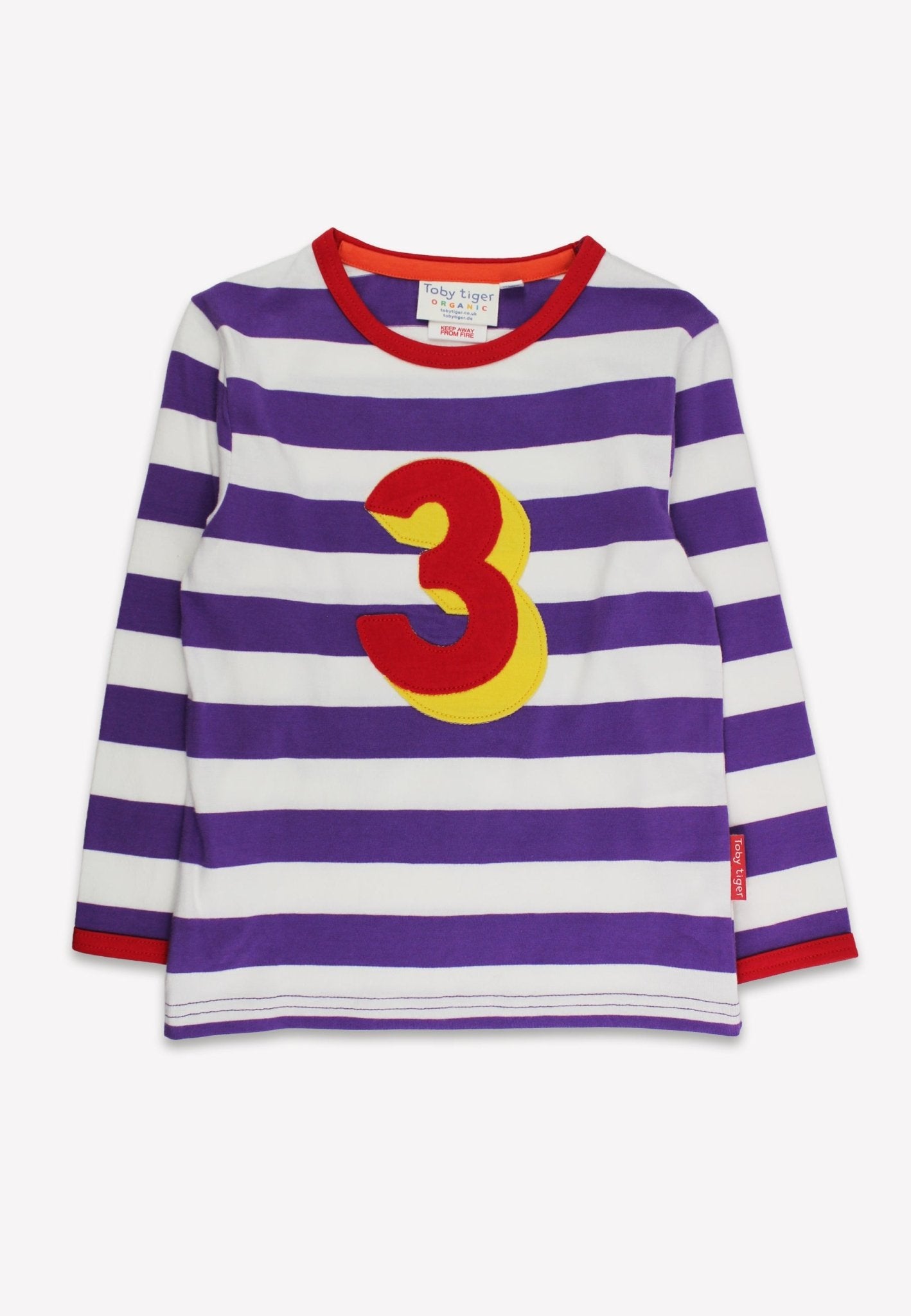 Organic Three Applique Purple Stripe Long - Sleeved T-Shirt - Toby Tiger