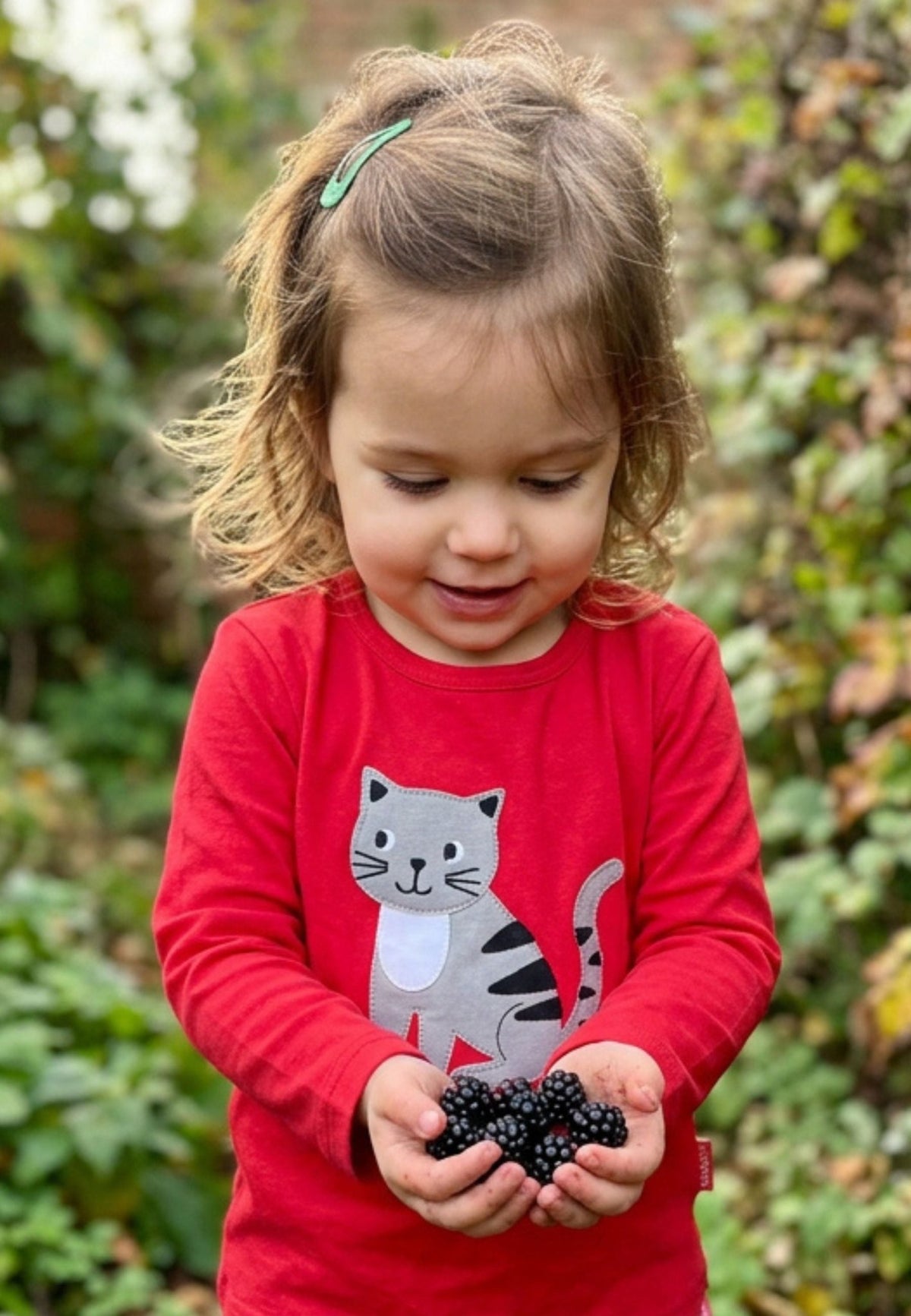 Organic Cat Applique Long-Sleeved Red T-Shirt - Toby Tiger UK