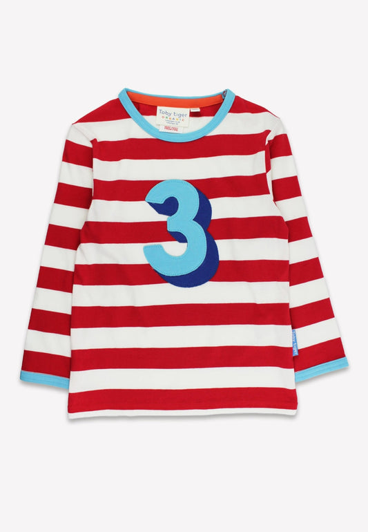 Organic Three Applique Red Stripe Long - Sleeved T-Shirt - Toby Tiger
