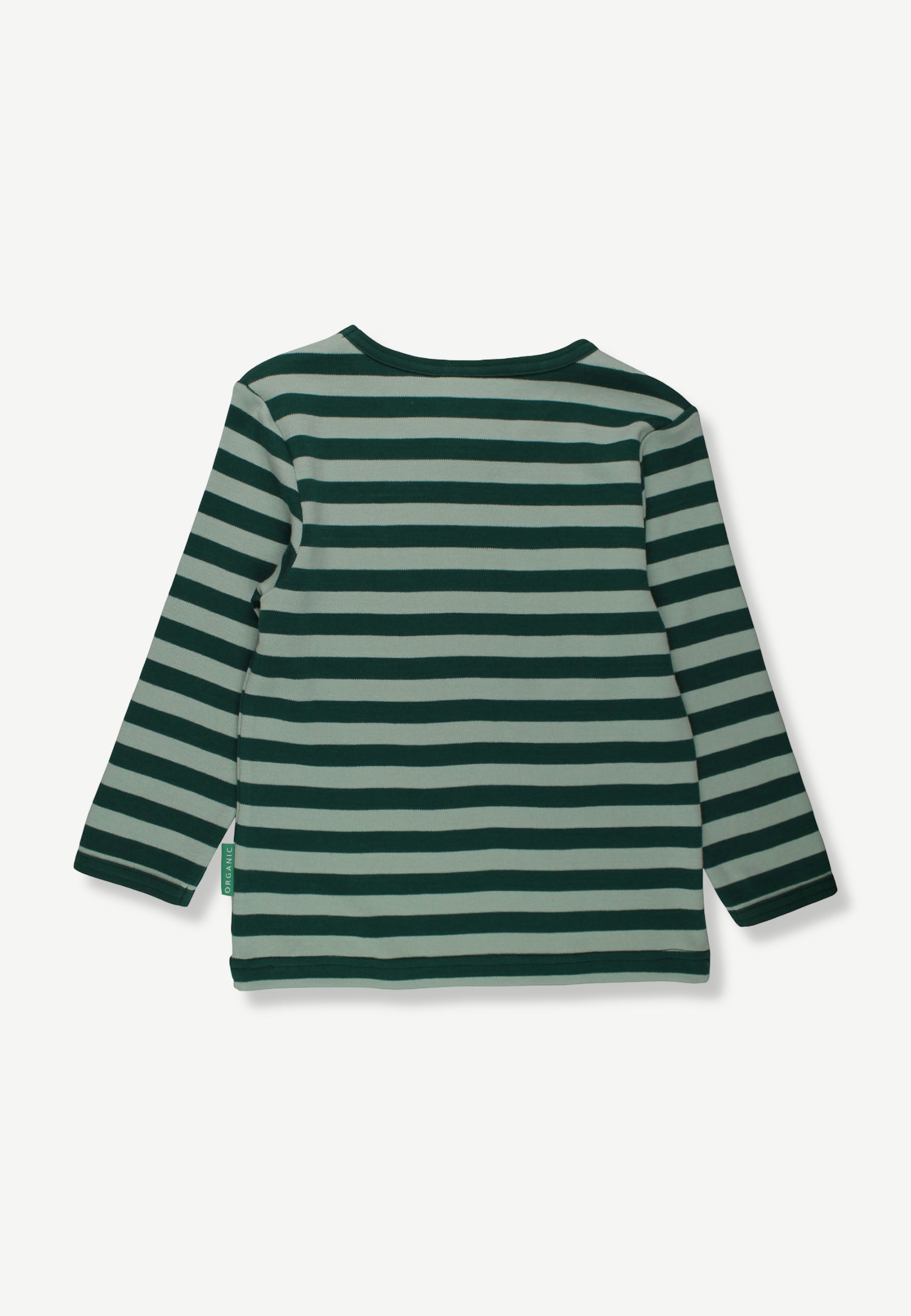 A long-sleeve striped top with horizontal dark green and light sage green stripes, shown from the back on a light gray background.