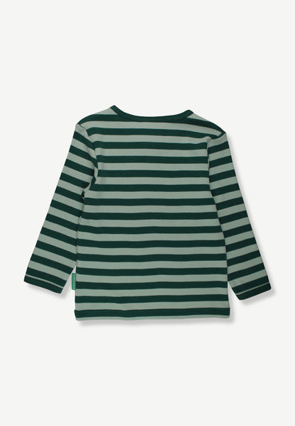A long-sleeve striped top with horizontal dark green and light sage green stripes, shown from the back on a light gray background.