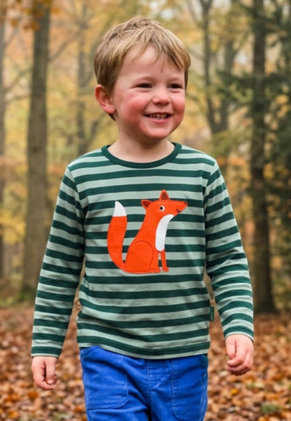 Organic Striped Fox Applique Long-Sleeved T-Shirt