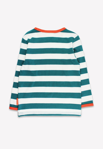 Organic Four Applique Teal Stripe Long - Sleeved T-Shirt - Toby Tiger