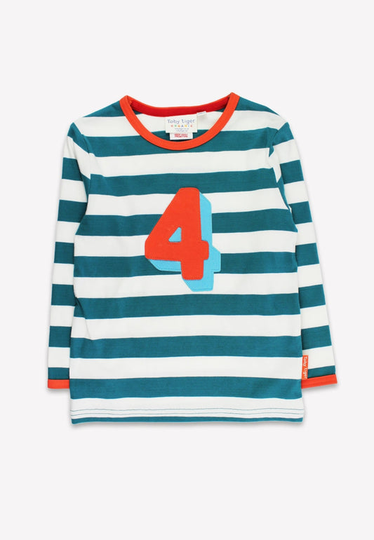 Organic Four Applique Teal Stripe Long - Sleeved T-Shirt - Toby Tiger